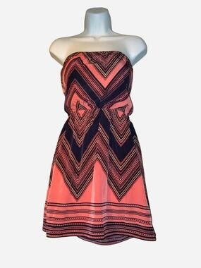 Express Strapless Coral and Navy Chevron Sundress